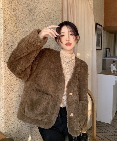 セール】もこもこ ノーカラーフェイクファージャケット（ノーカラー