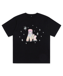 ラビットフレンズイラストプリント半袖Tシャツブラック
