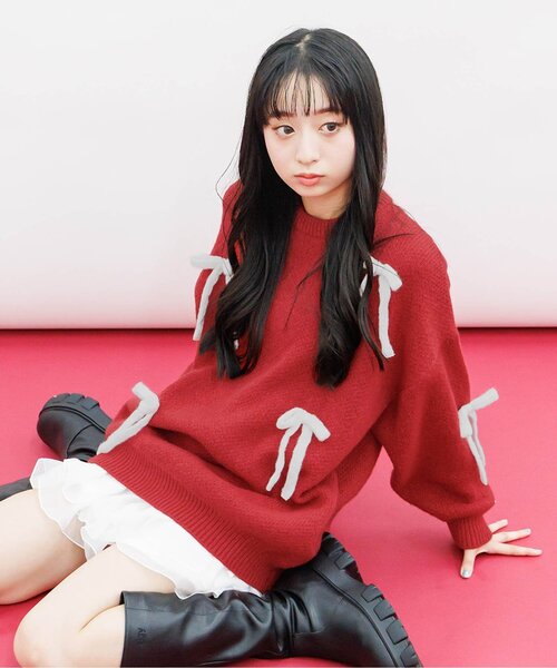algy（アルジー）の「ニットりぼんミニワンピ（ワンピース・キッズ・レッド/グレー/ブラック・MEDIUM/SMALL/X-SMALL/XX-SMALL）」の3枚目の写真