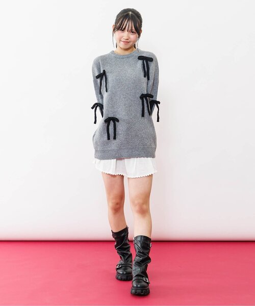 algy（アルジー）の「ニットりぼんミニワンピ（ワンピース・キッズ・レッド/グレー/ブラック・MEDIUM/SMALL/X-SMALL/XX-SMALL）」の6枚目の写真