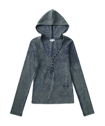 V NECK BUTTON HOODIE (STONE BROWN)