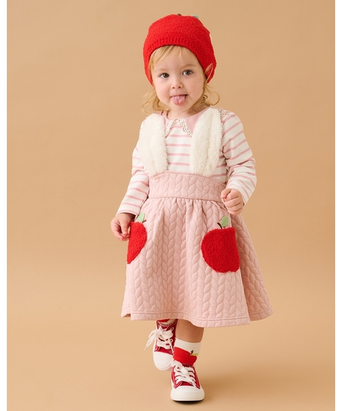baby cheer（ベイビーチアー）の「りんごポケットジャンパースカート（ジャンパースカート・キッズ・ピンク/ネイビー/ホワイト系・120cm/110cm/80ｃｍ/90cm/100cm）」の3枚目の写真