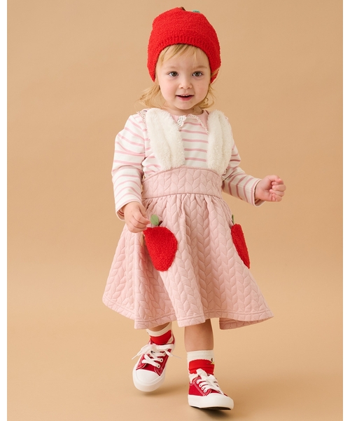 baby cheer（ベイビーチアー）の「りんごポケットジャンパースカート（ジャンパースカート・キッズ・ピンク/ネイビー/ホワイト系・120cm/110cm/80ｃｍ/90cm/100cm）」の14枚目の写真