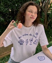 【ノンローカル&times;イヤバッグ】シーサイドモチーフハンドドローイングTシャツ - ホワイト