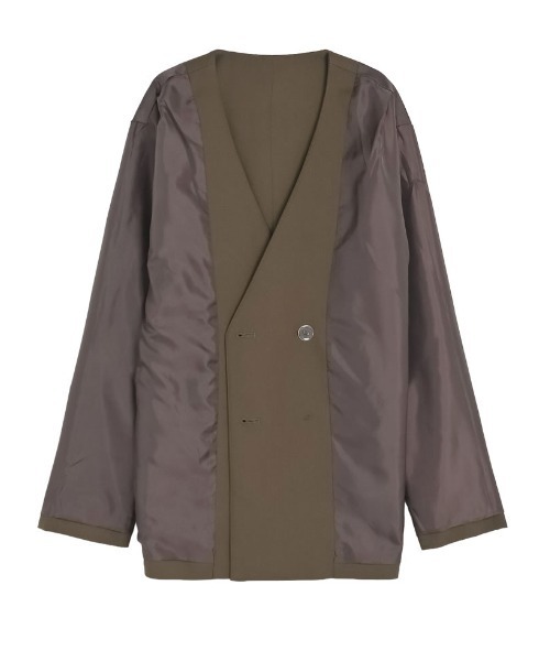 Re:EDIT（リエディ）の「[2026S/S COLLECTION]レザーベルト付きノーカラーツイルジャケット（テーラードジャケット・レディース・グレー/ブラウン/ベージュ/イエロー・MEDIUM/LARGE）」の21枚目の写真