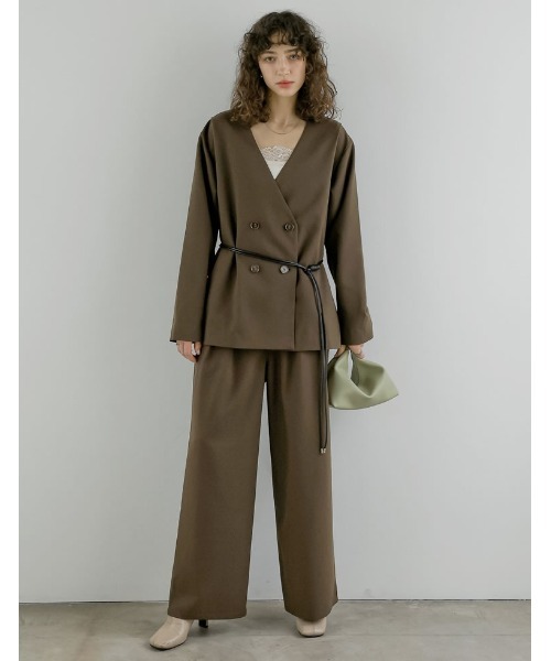 Re:EDIT（リエディ）の「[2026S/S COLLECTION]レザーベルト付きノーカラーツイルジャケット（テーラードジャケット・レディース・グレー/ブラウン/ベージュ/イエロー・MEDIUM/LARGE）」の5枚目の写真