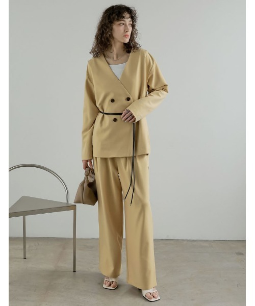 Re:EDIT（リエディ）の「[2026S/S COLLECTION]レザーベルト付きノーカラーツイルジャケット（テーラードジャケット・レディース・グレー/ブラウン/ベージュ/イエロー・MEDIUM/LARGE）」の12枚目の写真