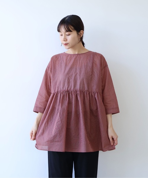 yuni(ユニ )の「Cotton Polyester stripe tunic tiered 2way ブラウス(シャツ/ブラウス・レディース・アイボリー/ブラウン/ピンク・FREE)」の3枚目の写真