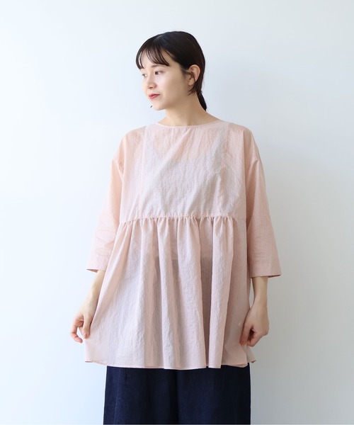 yuni(ユニ )の「Cotton Polyester stripe tunic tiered 2way ブラウス(シャツ/ブラウス・レディース・アイボリー/ブラウン/ピンク・FREE)」の1枚目の写真