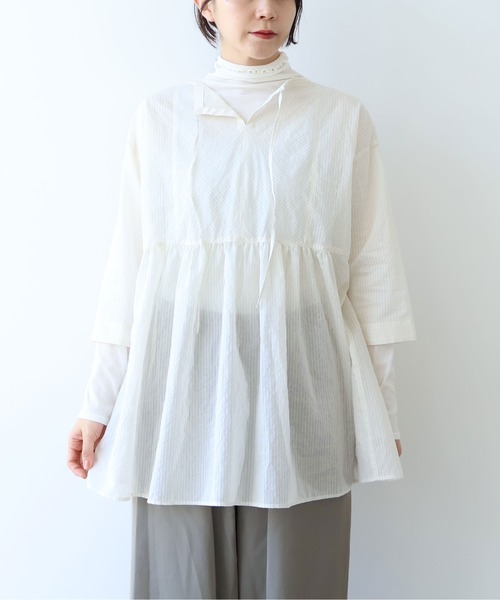 yuni(ユニ )の「Cotton Polyester stripe tunic tiered 2way ブラウス(シャツ/ブラウス・レディース・アイボリー/ブラウン/ピンク・FREE)」の2枚目の写真