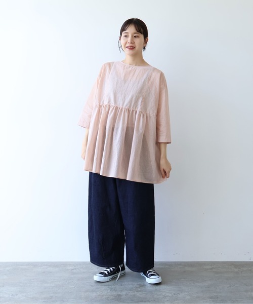 yuni(ユニ )の「Cotton Polyester stripe tunic tiered 2way ブラウス(シャツ/ブラウス・レディース・アイボリー/ブラウン/ピンク・FREE)」の4枚目の写真
