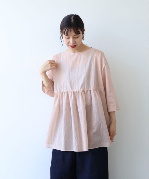 yuni(ユニ )の「Cotton Polyester stripe tunic tiered 2way ブラウス(シャツ/ブラウス・レディース・アイボリー/ブラウン/ピンク・FREE)」の8枚目の写真