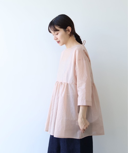 yuni(ユニ )の「Cotton Polyester stripe tunic tiered 2way ブラウス(シャツ/ブラウス・レディース・アイボリー/ブラウン/ピンク・FREE)」の10枚目の写真