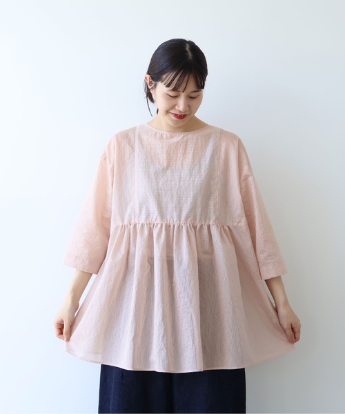 yuni(ユニ )の「Cotton Polyester stripe tunic tiered 2way ブラウス(シャツ/ブラウス・レディース・アイボリー/ブラウン/ピンク・FREE)」の9枚目の写真