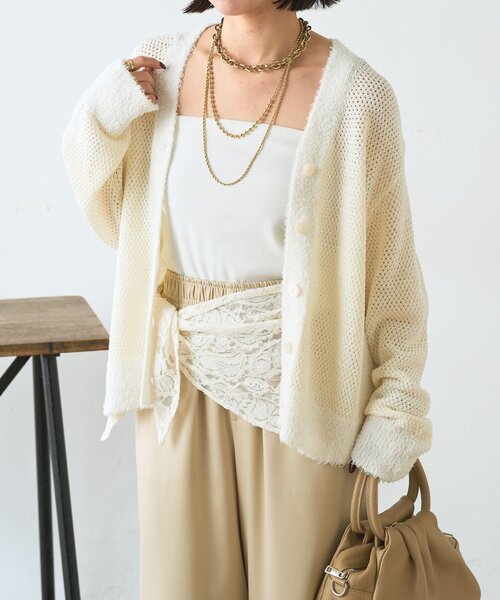 Jena espace merveilleux（ジェナ　エスパスメルヴェイユ）の「【羽織るだけ映え】ファンシーヤーンニットカーディガン（カーディガン/ボレロ・レディース・オフホワイト/チャコールグレー/レッド・FREE）」の9枚目の写真