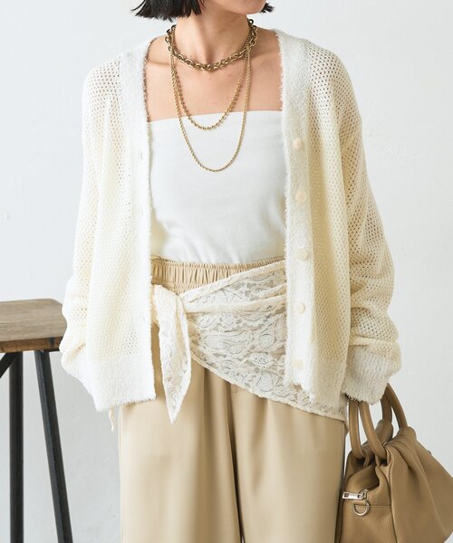 Jena espace merveilleux（ジェナ　エスパスメルヴェイユ）の「【羽織るだけ映え】ファンシーヤーンニットカーディガン（カーディガン/ボレロ・レディース・オフホワイト/チャコールグレー/レッド・FREE）」の10枚目の写真