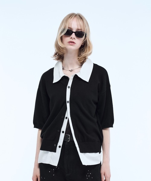 Shirt layered half sleeve knit polo shirt / シャツレイヤードハーフ