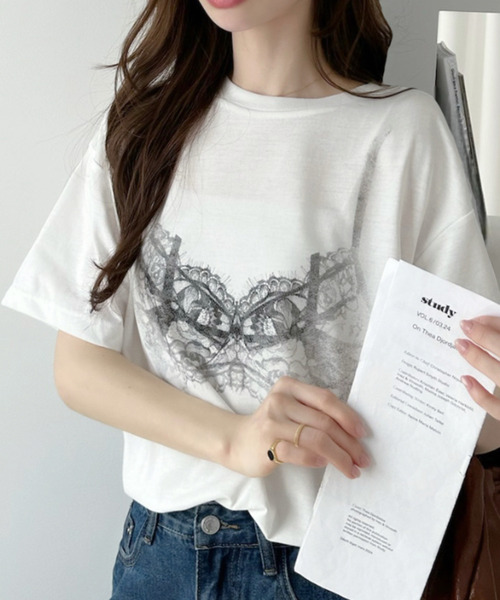 Ada.（エイダ）の「接触冷感 レース プリント Tシャツ（Tシャツ/カットソー・レディース・オフホワイト/ブラック・FREE）」の3枚目の写真