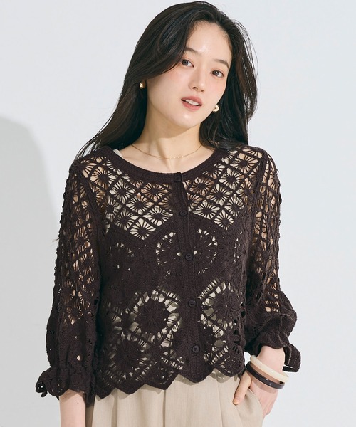 coca(coca)(コカ)の「カギ編みカーディガン(カーディガン/ボレロ・レディース・ダークブラウン/アイボリー・ONE SIZE)」の2枚目の写真