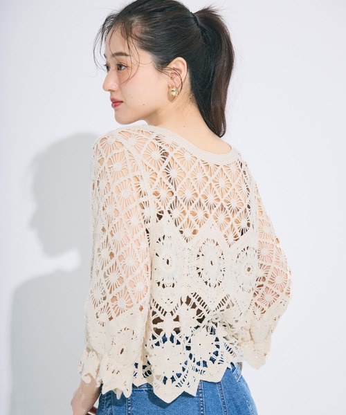 coca(coca)(コカ)の「カギ編みカーディガン(カーディガン/ボレロ・レディース・ダークブラウン/アイボリー・ONE SIZE)」の1枚目の写真