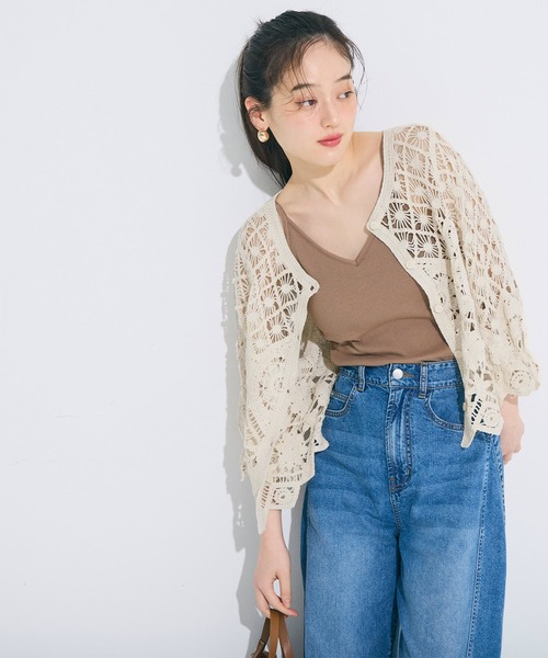 coca(coca)(コカ)の「カギ編みカーディガン(カーディガン/ボレロ・レディース・ダークブラウン/アイボリー・ONE SIZE)」の5枚目の写真