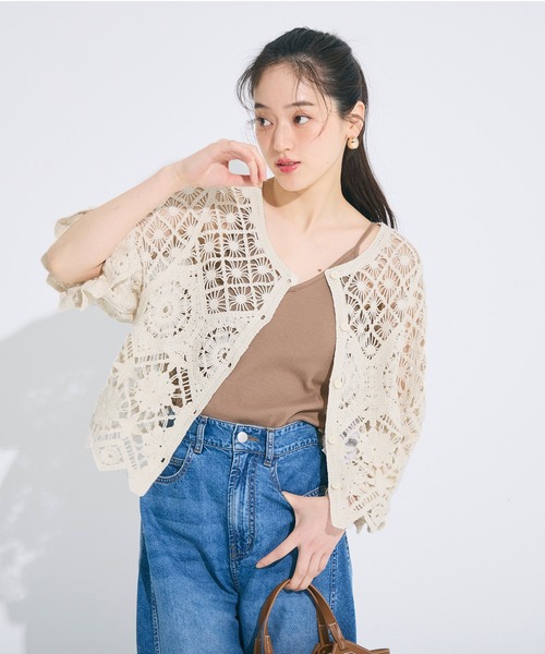 coca(coca)(コカ)の「カギ編みカーディガン(カーディガン/ボレロ・レディース・ダークブラウン/アイボリー・ONE SIZE)」の7枚目の写真