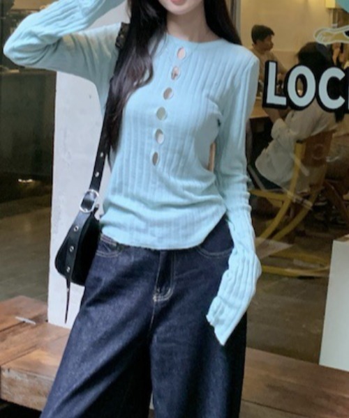 Vipoa(ヴィポア)の「シアーリブフロントカットアウトニットトップス(Tシャツ/カットソー・レディース・ライトグリーン/パープル・FREE)」の22枚目の写真