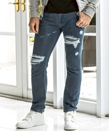 1PIU1UGUALE3 RELAX(ウノピゥウノウグァーレトレ リラックス)ラインストーン ダメージジョグデニムパンツ