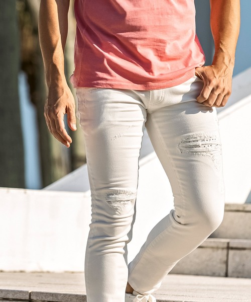 1PIU1UGUALE3  RELAX （ウノピゥウノウグァーレトレ リラックス）の「1PIU1UGUALE3 RELAX(ウノピゥウノウグァーレトレ リラックス)ラインストーン ダメージジョグデニムパンツ（デニムパンツ・メンズ・ホワイト/ブラック/インディゴブルー・S/M/L/XL/XXL）」の8枚目の写真