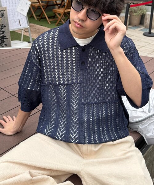 CIAOPANIC TYPY（チャオパニックティピー）の「【UNISEX】レース編みパッチワークニットポロ/WEB限定（ポロシャツ・レディース・ブラウン/ブラック/ネイビー/グレー・LARGE/MEDIUM）」の4枚目の写真