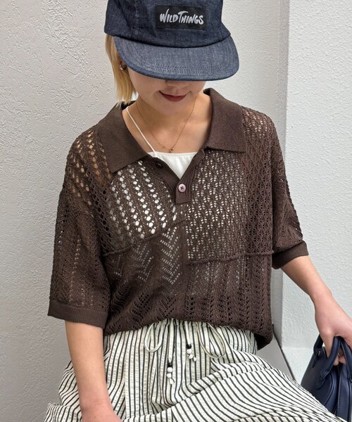 CIAOPANIC TYPY（チャオパニックティピー）の「【UNISEX】レース編みパッチワークニットポロ/WEB限定（ポロシャツ・レディース・ブラウン/ブラック/ネイビー/グレー・LARGE/MEDIUM）」の3枚目の写真