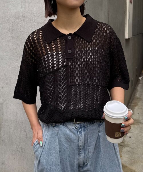 CIAOPANIC TYPY(チャオパニックティピー)の「【UNISEX】レース編みパッチワークニットポロ/WEB限定(ポロシャツ・レディース・ブラウン/ブラック/ネイビー/グレー・LARGE/MEDIUM)」の12枚目の写真