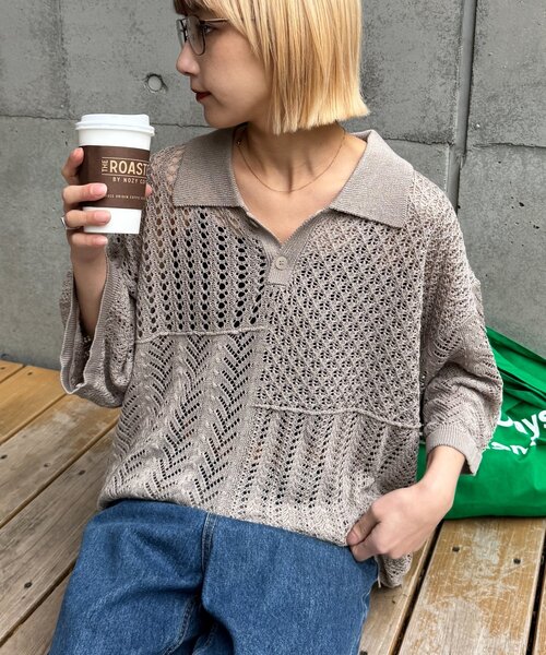 CIAOPANIC TYPY(チャオパニックティピー)の「【UNISEX】レース編みパッチワークニットポロ/WEB限定(ポロシャツ・レディース・ブラウン/ブラック/ネイビー/グレー・LARGE/MEDIUM)」の21枚目の写真