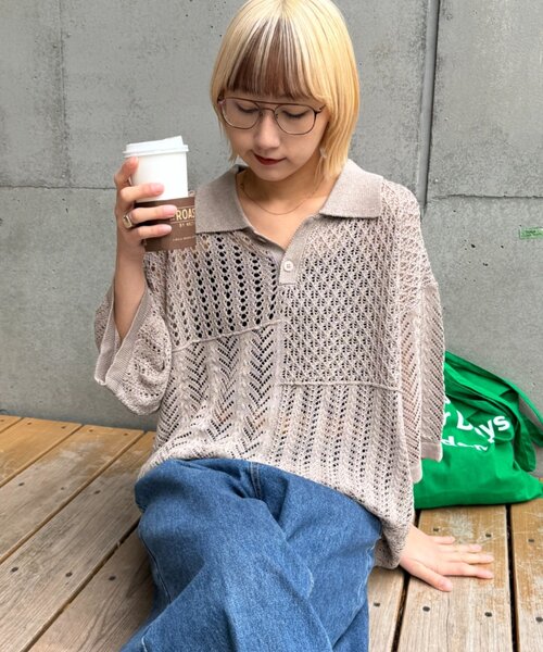 CIAOPANIC TYPY（チャオパニックティピー）の「【UNISEX】レース編みパッチワークニットポロ/WEB限定（ポロシャツ・レディース・ブラウン/ブラック/ネイビー/グレー・LARGE/MEDIUM）」の22枚目の写真