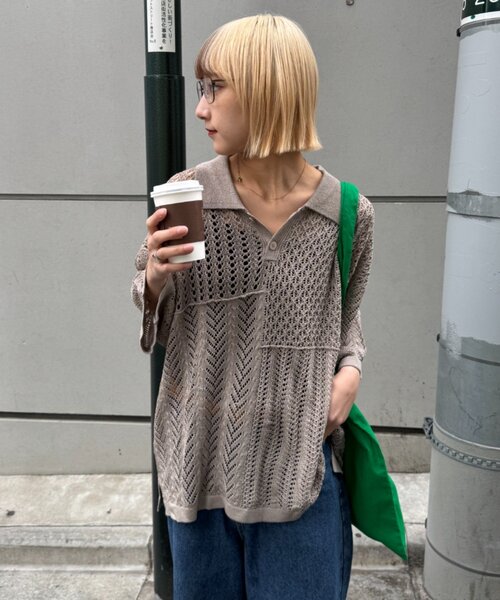 CIAOPANIC TYPY（チャオパニックティピー）の「【UNISEX】レース編みパッチワークニットポロ/WEB限定（ポロシャツ・レディース・ブラウン/ブラック/ネイビー/グレー・LARGE/MEDIUM）」の21枚目の写真