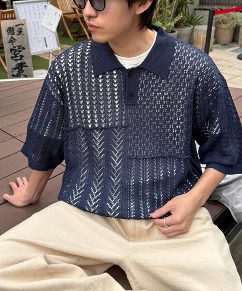CIAOPANIC TYPY（チャオパニックティピー）の「【UNISEX】レース編みパッチワークニットポロ/WEB限定（ポロシャツ・レディース・ブラウン/ブラック/ネイビー/グレー・LARGE/MEDIUM）」の16枚目の写真