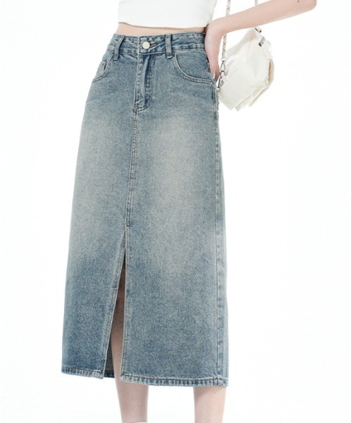 LUCPY(ラクピー)の「ハイウエストフロントスリットデニムスカート(スカート・レディース・グレー・X-SMALL/SMALL/MEDIUM/LARGE)」の2枚目の写真