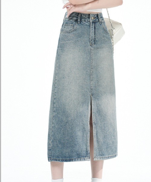 LUCPY(ラクピー)の「ハイウエストフロントスリットデニムスカート(スカート・レディース・グレー・X-SMALL/SMALL/MEDIUM/LARGE)」の3枚目の写真