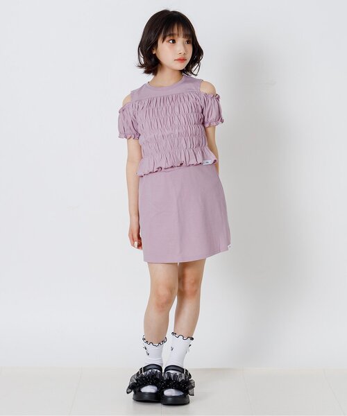 algy(アルジー)の「肩あきシャーリングセットアップ(セットアップ・キッズ・ピンク/オフホワイト・130/140/150/160)」の3枚目の写真
