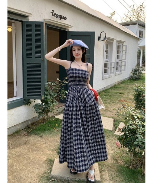 Ritzy(リッツィー)の「ウエストシャーリング チェックキャミソールワンピース(ワンピース・レディース・レッド/ブラック・M/S)」の1枚目の写真