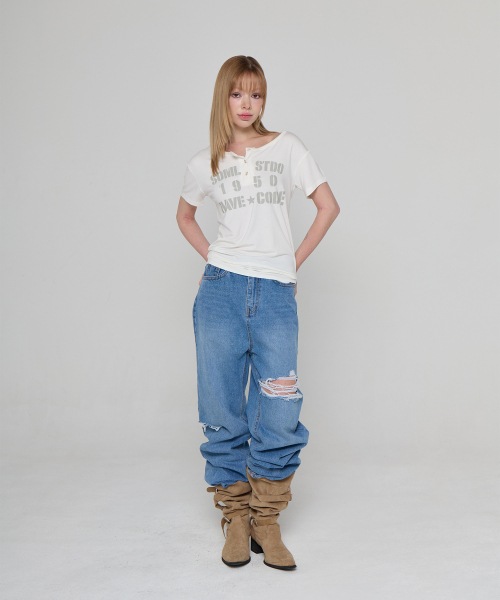 5OML(オーオーエムエル)の「ヘンリーネックボタンショートスリーブアイボリー(Tシャツ/カットソー・レディース・アイボリー・FREE)」の3枚目の写真