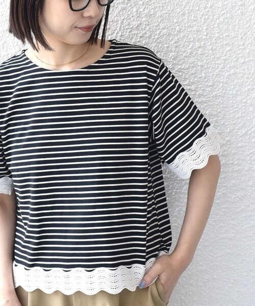 SHIPS Colors(シップス カラーズ)の「SHIPS Colors:〈洗濯機可能〉リンク レース コンビ TEE◇(Tシャツ/カットソー・レディース・ブラック/オフホワイト・ONE SIZE)」の2枚目の写真