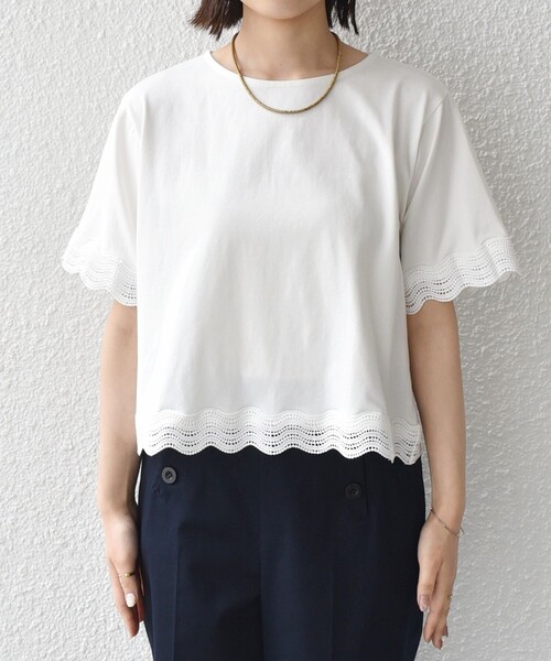 SHIPS Colors(シップス カラーズ)の「SHIPS Colors:〈洗濯機可能〉リンク レース コンビ TEE◇(Tシャツ/カットソー・レディース・ブラック/オフホワイト・ONE SIZE)」の12枚目の写真