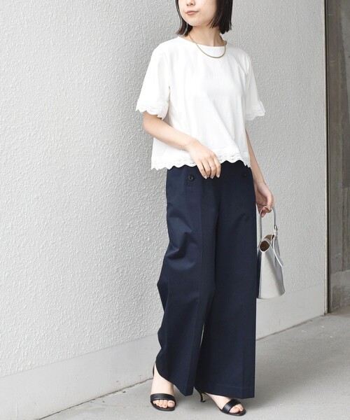 SHIPS Colors(シップス カラーズ)の「SHIPS Colors:〈洗濯機可能〉リンク レース コンビ TEE◇(Tシャツ/カットソー・レディース・ブラック/オフホワイト・ONE SIZE)」の16枚目の写真