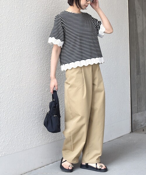 SHIPS Colors(シップス カラーズ)の「SHIPS Colors:〈洗濯機可能〉リンク レース コンビ TEE◇(Tシャツ/カットソー・レディース・ブラック/オフホワイト・ONE SIZE)」の17枚目の写真