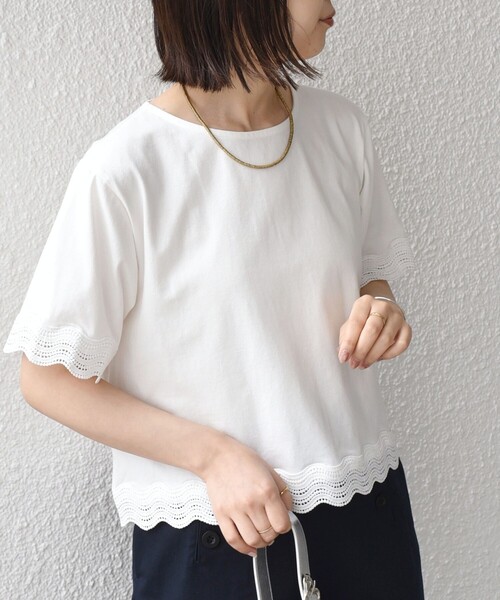 SHIPS Colors(シップス カラーズ)の「SHIPS Colors:〈洗濯機可能〉リンク レース コンビ TEE◇(Tシャツ/カットソー・レディース・ブラック/オフホワイト・ONE SIZE)」の18枚目の写真