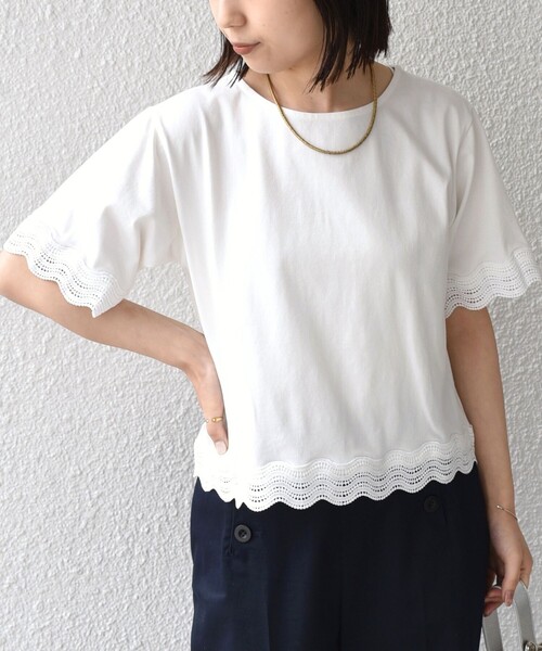 SHIPS Colors(シップス カラーズ)の「SHIPS Colors:〈洗濯機可能〉リンク レース コンビ TEE◇(Tシャツ/カットソー・レディース・ブラック/オフホワイト・ONE SIZE)」の19枚目の写真