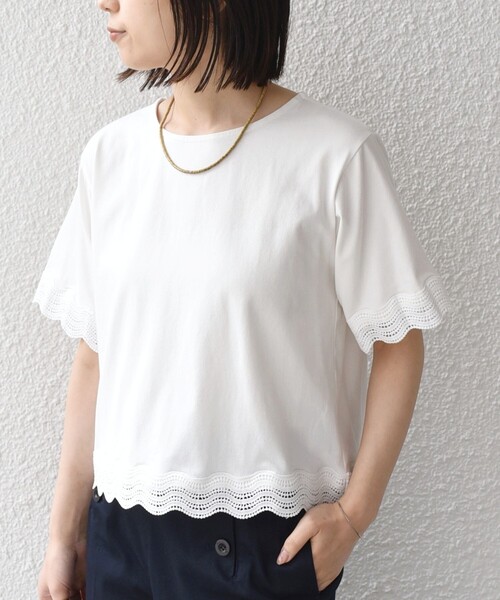 SHIPS Colors(シップス カラーズ)の「SHIPS Colors:〈洗濯機可能〉リンク レース コンビ TEE◇(Tシャツ/カットソー・レディース・ブラック/オフホワイト・ONE SIZE)」の20枚目の写真