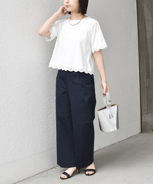 SHIPS Colors(シップス カラーズ)の「SHIPS Colors:〈洗濯機可能〉リンク レース コンビ TEE◇(Tシャツ/カットソー・レディース・ブラック/オフホワイト・ONE SIZE)」の21枚目の写真