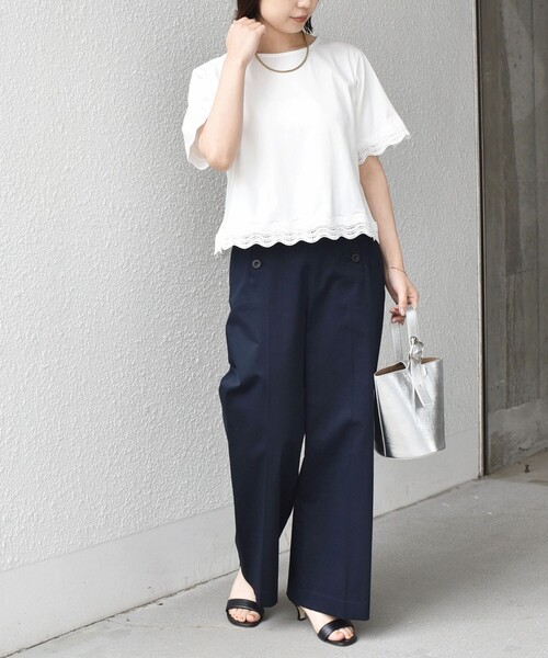 SHIPS Colors(シップス カラーズ)の「SHIPS Colors:〈洗濯機可能〉リンク レース コンビ TEE◇(Tシャツ/カットソー・レディース・ブラック/オフホワイト・ONE SIZE)」の22枚目の写真